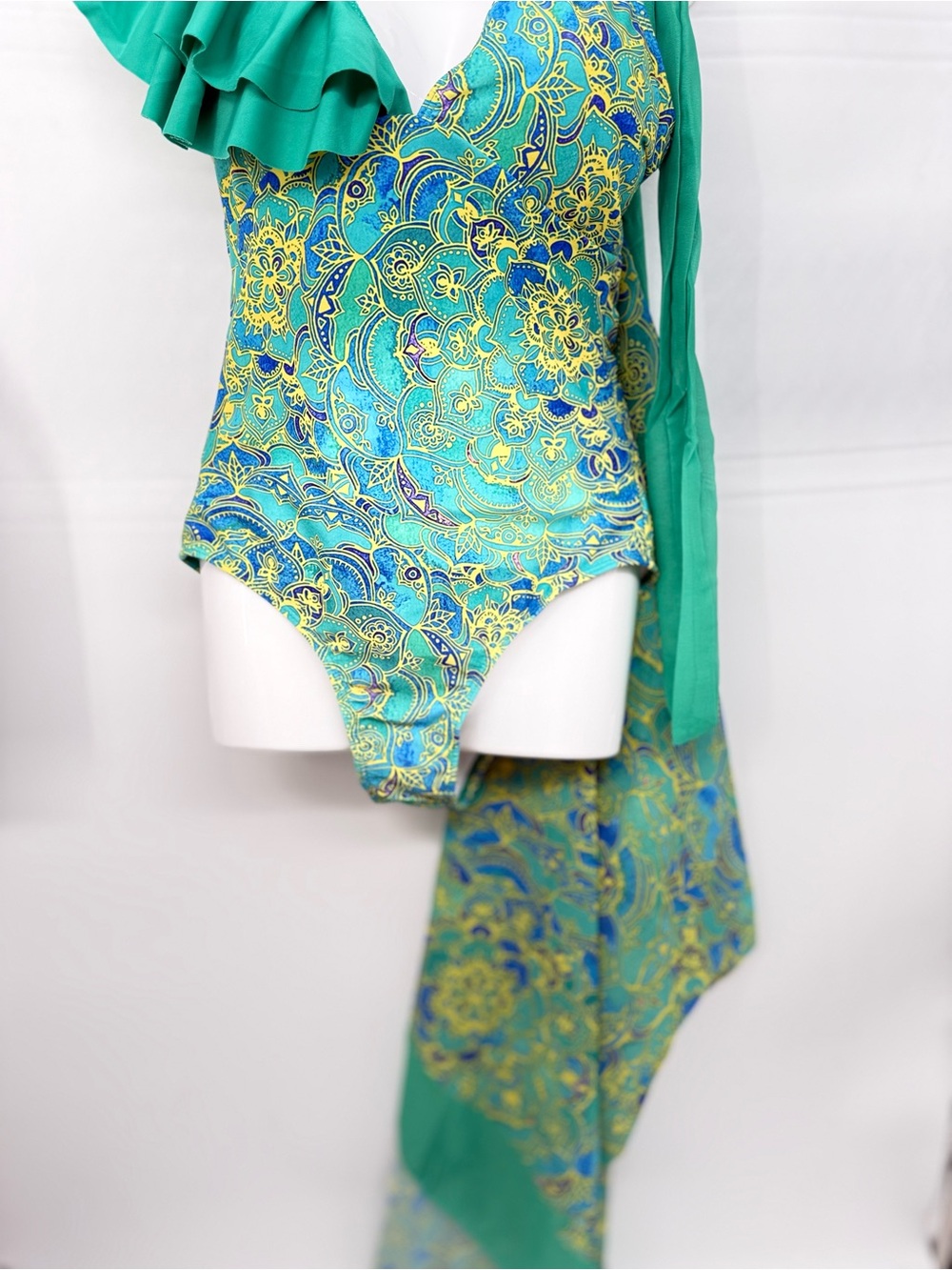 Green & Teal One-Shoulder Ruffle Swimsuit one piece with wrap maxi swim suit